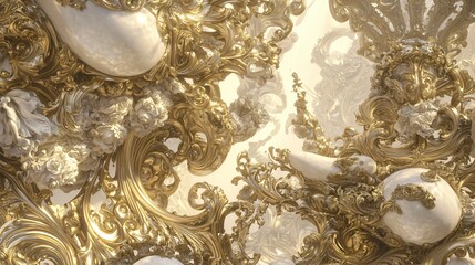 Poster - An elegant gold and white wallpaper design featuring abstract art with fluid surrealism and soft light diffusion to create a chic atmosphere
