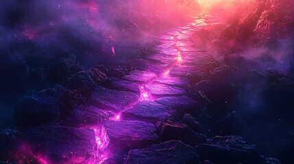 Poster - Rugged pathway winding through rocky mountain terrain with backlit silhouette creating a timeless adventure in nature's untamed wilderness
