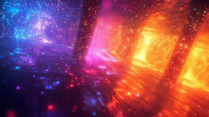 Poster - colorful abstract art depicting a light tunnel with chaotic harmony and diffused glow in a low-angle
