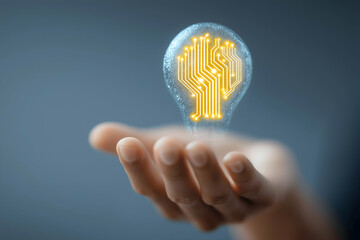 Aufkleber - A hand holds a glowing lightbulb with a digital brain circuit inside, symbolizing innovation and artificial intelligence.