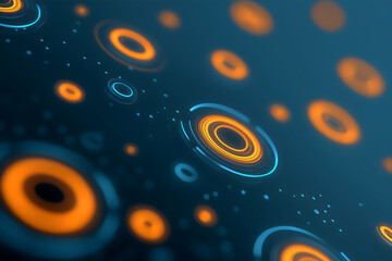 Leinwandbilder - Abstract digital circles with glowing orange rings on a dark blue background, creating a futuristic and technological vibe.