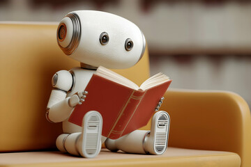 Aufkleber - A small robot sits on a yellow couch, reading a red book, symbolizing artificial intelligence learning and curiosity.