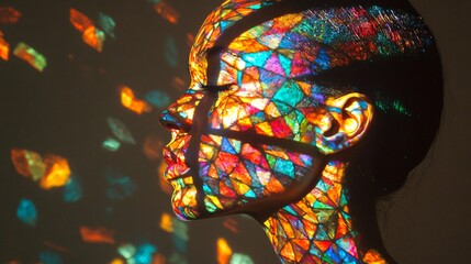 Poster - Enigmatic abstract art featuring a woman's face illuminated by multi-colored light projections creating a moody and crystalline effect