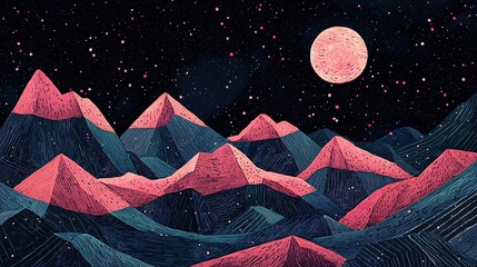 Poster - Majestic mountains bathed in full moonlight creating a timeless starlit night with dramatic contrast enhancing the scenic beauty of nature