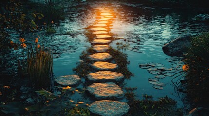 Poster - Scenic path leading towards a vibrant sunset with backlit silhouette creating a timeless journey through nature's splendid landscape