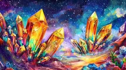 Aufkleber - spectacular crystals floating gracefully in the sky under a dazzling starry night with a dreamy ethe