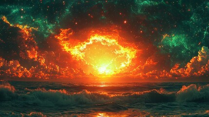 Poster - Bright orange sun rising over a calm body of water creating a stunning reflection and a vibrant atmosphere of warmth and serenity