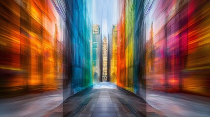 Poster - urban city street scene with a colorful building showcasing random symmetry and low-key lighting cre