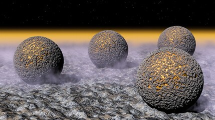 Poster - three spheres nestled in the middle of a rocky landscape creating a stunning cosmic scene with atmos