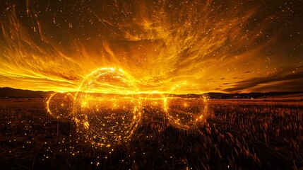 Poster - Majestic field of grass under a strikingly fiery sky with ethereal colors and celestial energy creating a dreamlike atmosphere