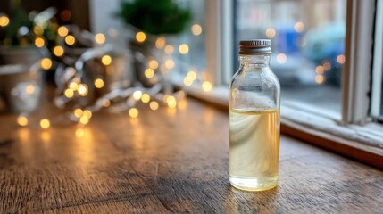 Fototapete - Small clear glass bottle filled with golden liquid sits on an aged wooden table with softly blurred fairy lights in the background, providing ample space for text
