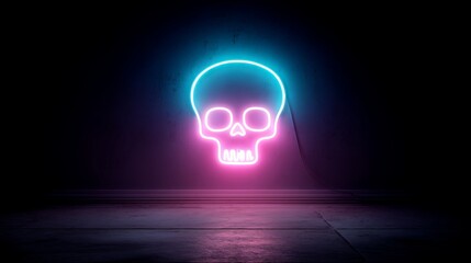 Poster - Neon skull glows in striking pink and blue hues, set in a dark environment. The design offers ample space on the right for creative text addition