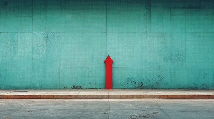 Poster - A vibrant red arrow rises sharply from the ground, set against a turquoise wall featuring texture, wear, and ample copy space for text or branding