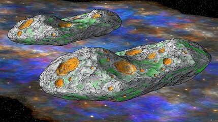 Poster - two asteroids gliding through the infinite cosmic sky with radiant highlights illuminating the vastn