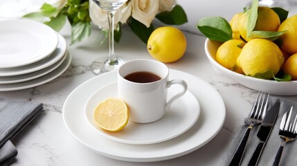 Leinwandbilder - A minimalist white table setup features a delicate porcelain cup with tea, whole lemons, and vibrant green leaves in bright natural light, inviting a refreshing ambiance