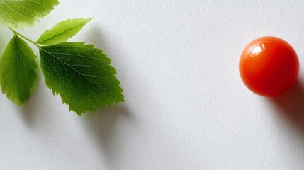 Aufkleber - Close-up shot of a bright red tropical fruit resting beside a fresh green leaf on a clean white surface, emphasizing its vibrant color and freshness