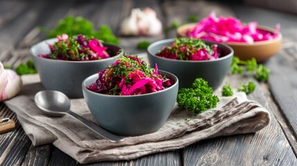 Aufkleber - Gray ceramic bowls generously filled with colorful beet and cabbage slaw sit on rustic linen, beautifully garnished with fresh herbs, creating a culinary delight