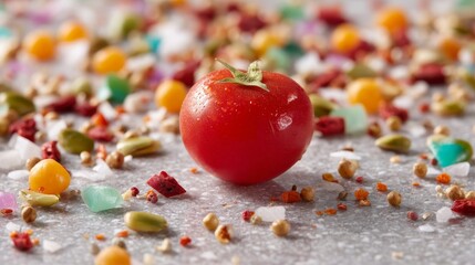 Poster - A ripe red tomato stands out against a backdrop of scattered herbs and vibrant spice grains, providing an appealing visual for culinary use or presentations