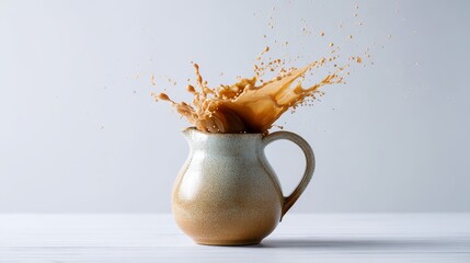 Aufkleber - Oat milk splashes dramatically from a ceramic jug, creating a lively visual on a clean white background with ample copy space for text