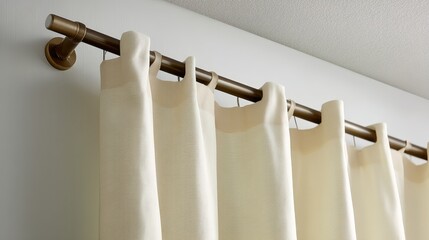 Aufkleber - Soft ivory curtains elegantly cascade from a bronze rod, adding warmth to a cozy interior with a serene ceiling cornice, creating a peaceful ambiance
