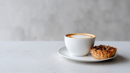 Poster - A warm ceramic cup of cappuccino accompanies a rustic pastry on a smooth light grey table, creating a cozy atmosphere perfect for enjoying a snack