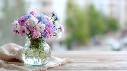 Leinwandbilder - A round glass vase filled with vibrant wildflowers sits on soft beige linen, illuminated by gentle natural light, creating a serene ambiance