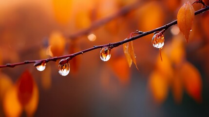 Aufkleber - Droplets cling to delicate twigs, perfectly reflecting the warm hues of autumn trees under soft lighting, creating a serene atmosphere with empty space for text