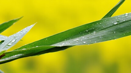 Poster - A fresh green reed blade glistens with tiny dewdrops under soft morning light, highlighted against a beautifully blurred yellow backdrop, evoking tranquility