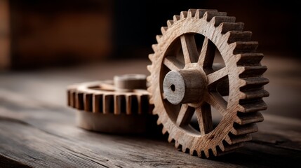 Poster - Macro shot highlights intricately designed wooden cogwheels on a deep brown wood backdrop, showcasing mechanical craftsmanship with copy space for branding