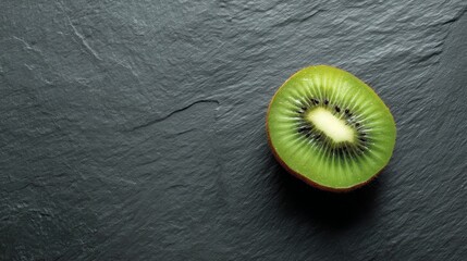 Poster - Vivid close-up of a freshly sliced kiwi reveals its bright green internal structure and unique seed arrangement against a deep black stone surface