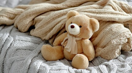 Aufkleber - Soft plush teddy bear sits comfortably on a knitted blanket, illuminated by warm light, creating a nostalgic and inviting atmosphere perfect for toy-themed visuals