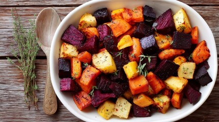 Poster - Colorful roasted vegetables featuring sweet potatoes, beets, and carrots garnished with thyme in a ceramic bowl on a rustic oak surface, perfect for a hearty meal