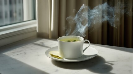 Poster - A calming view of a steaming chamomile tea cup sits gracefully on a polished white marble surface, accompanied by a thin slice of apple and soft lighting