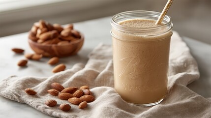 Aufkleber - Creamy almond smoothie sits in a mason jar on a linen cloth, surrounded by scattered nuts, creating a healthy and inviting atmosphere perfect for a casual gathering