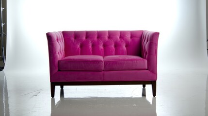 Poster - Pink velvet loveseat features tufted detailing and slim wooden legs, positioned against a bright white backdrop, ideal for stylish interior decor display