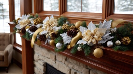 Poster - Stylish rustic wooden mantel features intertwined golden and silver garlands, enhancing a cozy winter atmosphere with natural decor elements and plenty of elegance