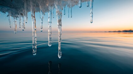 Poster - Sparkling icicles dangle above a tranquil winter ocean as soft pastel colors gently reflect on the water during twilight, creating a peaceful ambiance