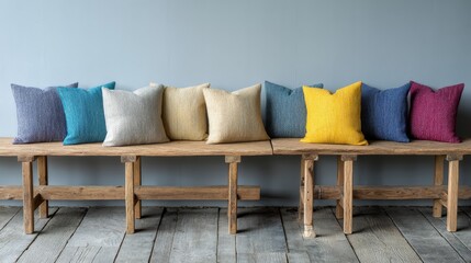 Poster - Soft fabric cushions in various muted tones are artfully arranged on a rustic wooden bench, creating an inviting and stylish atmosphere perfect for interior decor