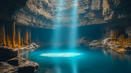 Poster - A cave with a beautiful waterfall cascading down into a pool creating a stunning natural landscape illuminated by subterranean light