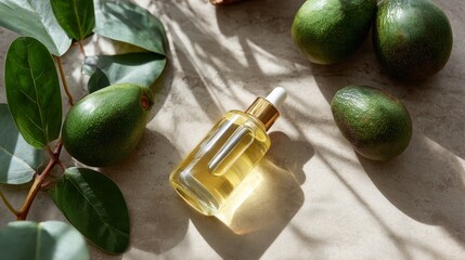 Poster - Fresh ripe avocados and a glass bottle of avocado oil are arranged on a surface, illuminated by natural light creating soft shadows and a fresh vibe