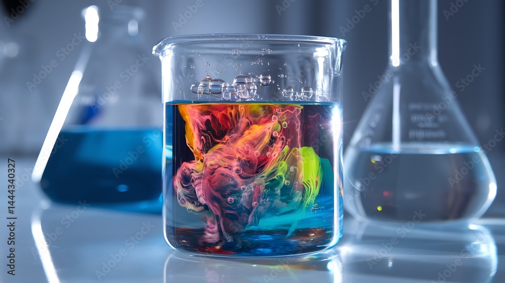 A chemical reaction taking place in a glass beaker, showcasing bubbling ...