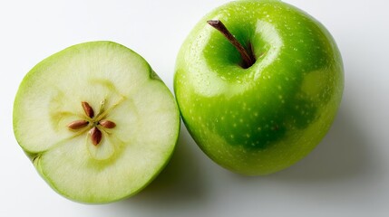 Aufkleber - Close-up view of a sliced green apple highlights its crisp texture and fresh appearance against a clean white background, offering room for text placement