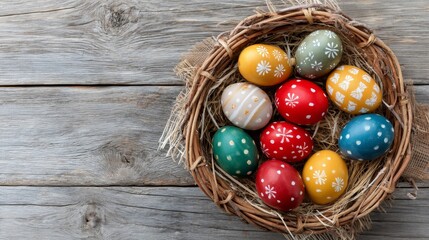 Aufkleber - A rustic basket showcases beautifully painted Easter eggs resting on a weathered wooden surface, inviting spring festivities with vivid colors