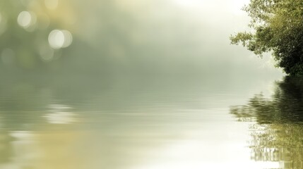 Poster - Abstract background features shimmering bokeh lights and forest reflections on calm water. Muted sepia tones create a vintage, artistic effect with copy space