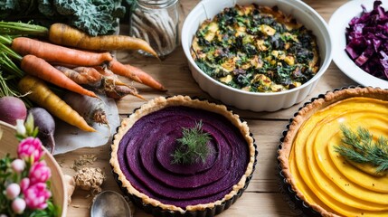 Aufkleber - Variety of artisanal vegetable tarts displayed on a rustic wooden table, highlighting colorful fillings and a warm, homemade charm perfect for culinary inspiration