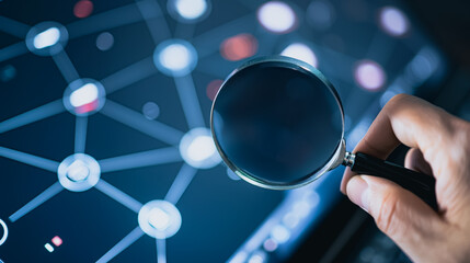 Poster - data examination: the image shows a close-up of a hand holding a magnifying glass over a digital dis