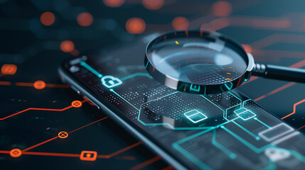 Poster - Cyber Investigation: A high-tech scene unveils the intricate world of digital forensics, as a magnifying glass hovers over a smartphone, highlighting cybersecurity, with circuits in the background.