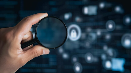 Poster - Data Security in Focus: A close-up shot of a hand holding a magnifying glass, meticulously examining digital security features, a symbolic exploration of cybersecurity and data protection.