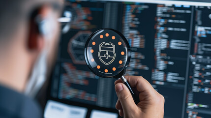Poster - Cyber Security Vigilance: A skilled cyber security specialist uses a magnifying glass to meticulously examine the intricate lines of code on the computer screen.
