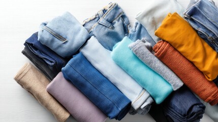 Fototapete - Pair of rolled blue denim jeans with neat cuffs lying on a bright white surface, creating a fresh and clean aesthetic ideal for fashion or lifestyle promotions